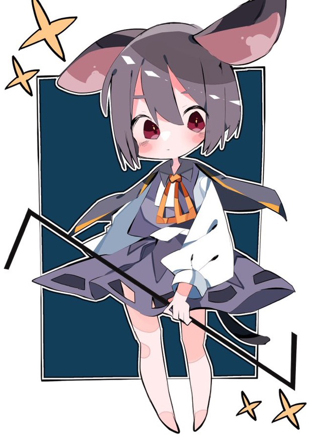 1girl animal_ears bangs barefoot blush cape closed_mouth commentary_request dowsing_rod expressionless flat_chest full_body grey_cape grey_hair grey_skirt grey_vest holding long_sleeves looking_at_viewer mouse_ears mouse_girl mouse_tail nacht_musik nazrin neck_ribbon orange_ribbon red_eyes ribbon shirt short_hair skirt skirt_set solo sparkle tail touhou vest white_shirt