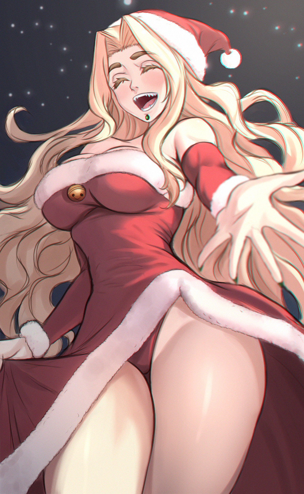 1girl alternate_costume bare_shoulders bell blonde_hair breasts chin_piercing christmas closed_eyes collarbone detached_sleeves dress english_commentary fate/grand_order fate_(series) fingernails green_nails hat highres jingle_bell large_breasts long_hair nail_polish night night_sky outstretched_hand panties pantyshot quetzalcoatl_(fate) red_dress red_headwear red_panties red_sleeves santa_costume santa_dress santa_hat sharp_fingernails sharp_teeth sky solo strapless strapless_dress teeth thick_eyebrows thick_eyelashes thighs underwear very_long_hair wavy_hair zantyarz