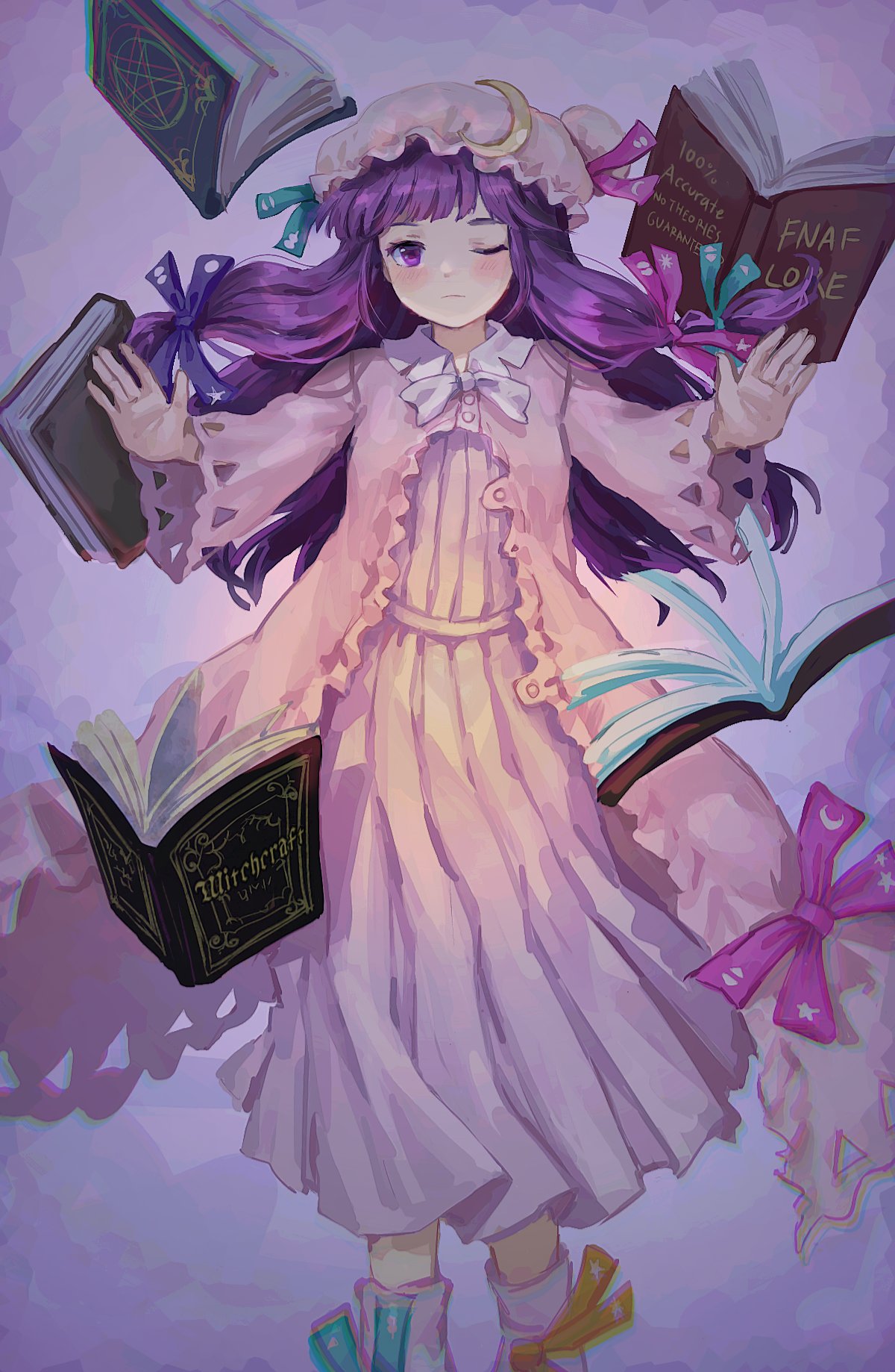 1girl arms_up bangs blue_bow blunt_bangs book bow crescent crescent_hat_ornament dress floating floating_book floating_object hat hat_ornament highres himuhino long_hair looking_at_viewer mob_cap odd_one_out one_eye_closed open_book outstretched_arms patchouli_knowledge purple_eyes purple_hair ribbon solo striped striped_dress touhou very_long_hair