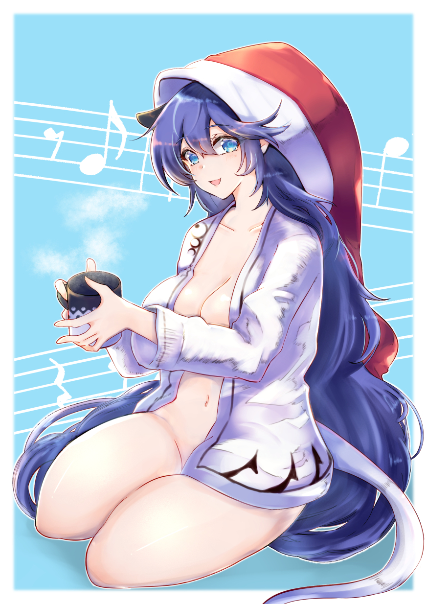 1girl :d animal_ears blue_background blue_eyes blue_hair border bottomless breasts cleavage cup doremy_sweet groin hat highres holding holding_cup kurokan_(kokkyou_oudan) large_breasts long_hair looking_at_viewer mug musical_note nightcap open_clothes open_mouth red_headwear sitting smile solo tail tapir_ears tapir_tail touhou white_border yokozuwari