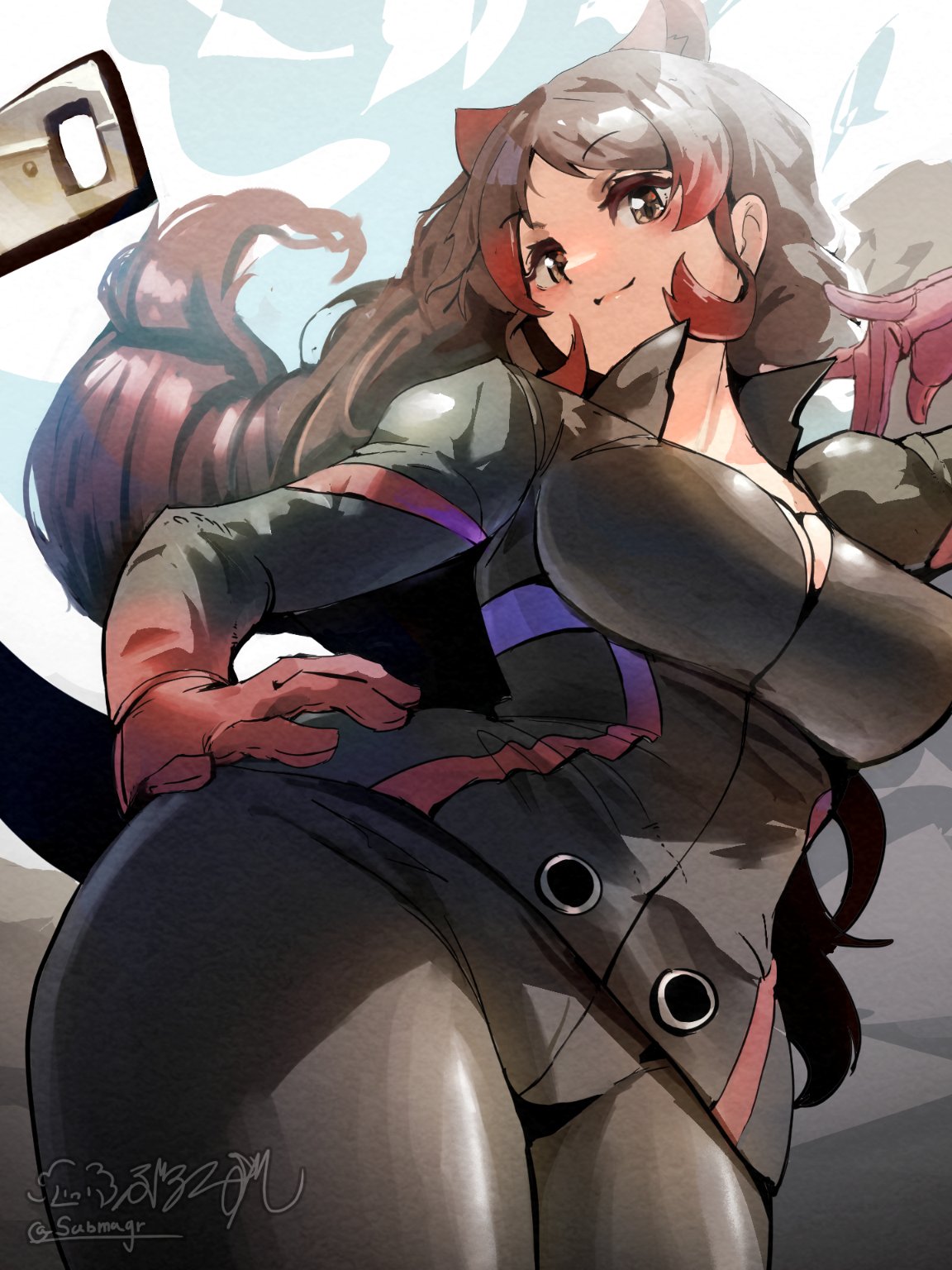 1girl animal_ears arm_up breasts brown_eyes brown_hair cleavage closed_mouth commentary_request cowboy_shot day extra_ears fake_tail floating_hair from_below gloves hand_on_hip highres hippopotamus_(kemono_friends) hippopotamus_ears jacket kemono_friends large_breasts long_hair long_sleeves looking_at_viewer multicolored_hair outdoors pants partially_unzipped red_hair riri_(dgra3272) sidelocks sky smile solo tail two-tone_hair very_long_hair zipper zipper_pull_tab