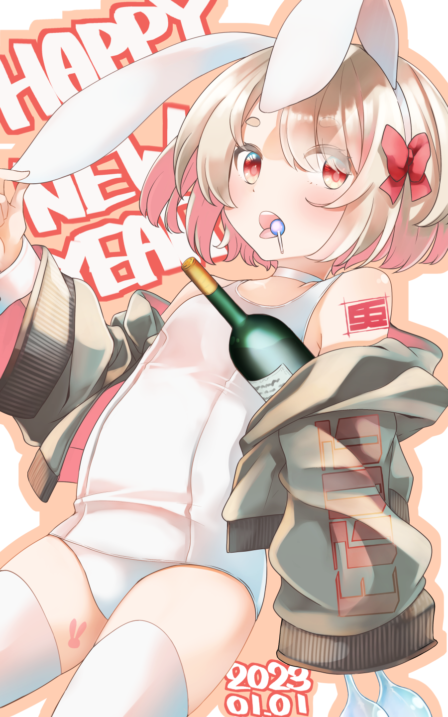 1girl animal_ears bangs bottle bow breasts brown_hair candy chinese_zodiac choker comah commentary_request cup dated drinking_glass ear_grab eyes_visible_through_hair fake_animal_ears food food_in_mouth grey_jacket hair_bow hair_over_one_eye hairband happy_new_year highres jacket lollipop long_sleeves off_shoulder old_school_swimsuit one-piece_swimsuit open_clothes open_jacket open_mouth original partial_commentary puffy_long_sleeves puffy_sleeves rabbit_ears red_bow red_eyes school_swimsuit short_eyebrows sleeves_past_fingers sleeves_past_wrists small_breasts solo swimsuit swimsuit_under_clothes thick_eyebrows thighhighs white_choker white_hairband white_one-piece_swimsuit white_thighhighs wine_bottle wine_glass wrist_cuffs year_of_the_rabbit