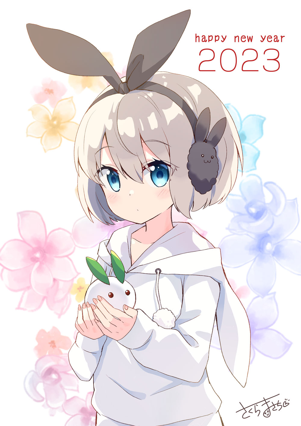 1girl 2023 animal_earmuffs animal_ears animal_hood bangs blue_eyes chinese_zodiac closed_mouth commentary_request drawstring earmuffs fake_animal_ears floral_background grey_hair hair_between_eyes happy_new_year highres holding hood hood_down hoodie long_sleeves massala nail_polish nengajou new_year original pink_nails puffy_long_sleeves puffy_sleeves rabbit_ears rabbit_hood signature simple_background sleeves_past_wrists snow_bunny solo upper_body white_background white_hoodie year_of_the_rabbit