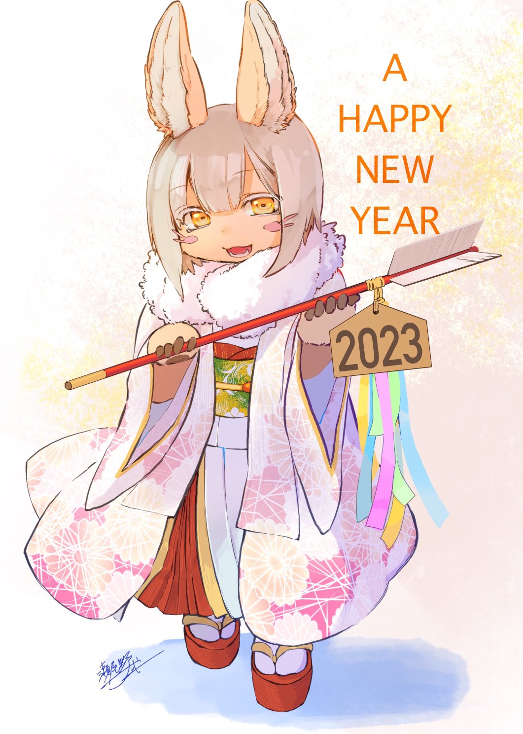 1other 2023 alternate_costume animal_ears arrow_(projectile) brown_fur chinese_zodiac commentary_request ema english_text full_body fur_collar furry green_sash grey_hair hamaya hands_up happy_new_year highres hitosoroi holding holding_arrow japanese_clothes kikumon kimono long_sleeves looking_at_viewer made_in_abyss nanachi_(made_in_abyss) obi obiage obijime open_mouth other_focus pink_kimono platform_footwear rabbit_ears sash short_hair signature smile socks solo standing tabi whiskers white_socks wide_sleeves year_of_the_rabbit yellow_background yellow_eyes zouri