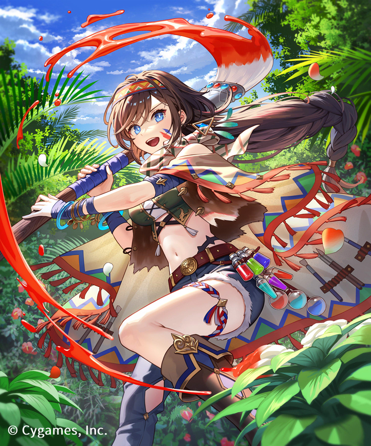 1girl bandaged_arm bandaged_wrist bandages bangs belt blue_eyes blue_shorts blue_sky bracelet braid breasts brown_belt brown_footwear brown_hair cape cloud cloudy_sky commentary_request crop_top day esukee facing_viewer feet_out_of_frame hair_between_eyes hairband holding holding_brush holding_weapon jewelry knee_up long_hair looking_afar medium_breasts midriff multicolored_cape multicolored_clothes natural_painter_(shadowverse) navel official_art open_mouth outdoors paint_splatter paint_splatter_on_face plant potion red_hairband shadowverse short_shorts shorts single_braid sky solo standing stomach teeth thigh_strap tongue tree upper_teeth_only weapon