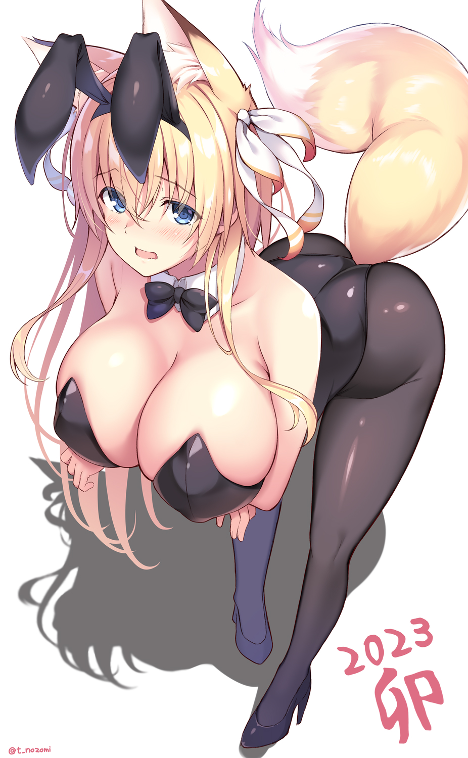 1girl 2023 animal_ear_fluff animal_ears arms_under_breasts ass bare_shoulders bent_over black_bow black_bowtie black_footwear black_leotard black_pantyhose blonde_hair blue_eyes bow bowtie breast_hold breasts chinese_zodiac cleavage collarbone commentary_request covered_nipples crossed_arms curvy detached_collar fake_animal_ears fox_ears fox_tail from_above hair_between_eyes hair_ribbon high_heels highres huge_breasts konoha_(nozomi_tsubame) leotard light_blush long_hair looking_at_viewer new_year nozomi_tsubame open_mouth original pantyhose playboy_bunny rabbit_ears ribbon shadow simple_background skindentation solo strapless strapless_leotard tail tareme traditional_bowtie white_background year_of_the_rabbit