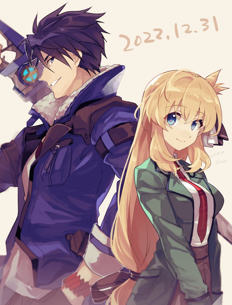 1boy 1girl agnes_claudel black_hair blonde_hair blue_eyes dated eiyuu_densetsu from_side fur_collar holding holding_sword holding_weapon jacket kuro_no_kiseki looking_at_viewer low_ponytail necktie purple_eyes riarashu_(pixiv3133536) simple_background smile sword uniform van_arkride weapon