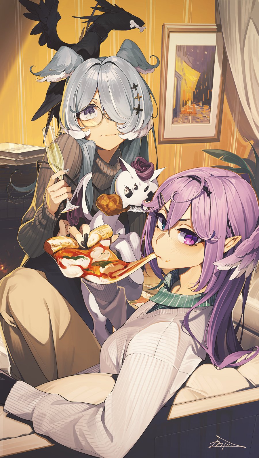 2girls alcohol animal bangs black_nails blue_eyes blue_hair book champagne chicken_leg collar commentary couch cup curtains dragon drinking_glass eating elira_pendora ember_(selen_tatsuki) eyepatch fine_art food grey_sweater hair_ornament hair_over_one_eye hairclip highres holding holding_animal holding_cup holding_food kamameshi_gougoumaru long_sleeves looking_at_viewer multicolored_hair multiple_girls nijisanji nijisanji_en on_couch picture_frame pikl_(elira_pendora) pizza plant purple_hair selen_tatsuki shirt sitting standing sweater virtual_youtuber white_hair white_shirt wine_glass x_hair_ornament