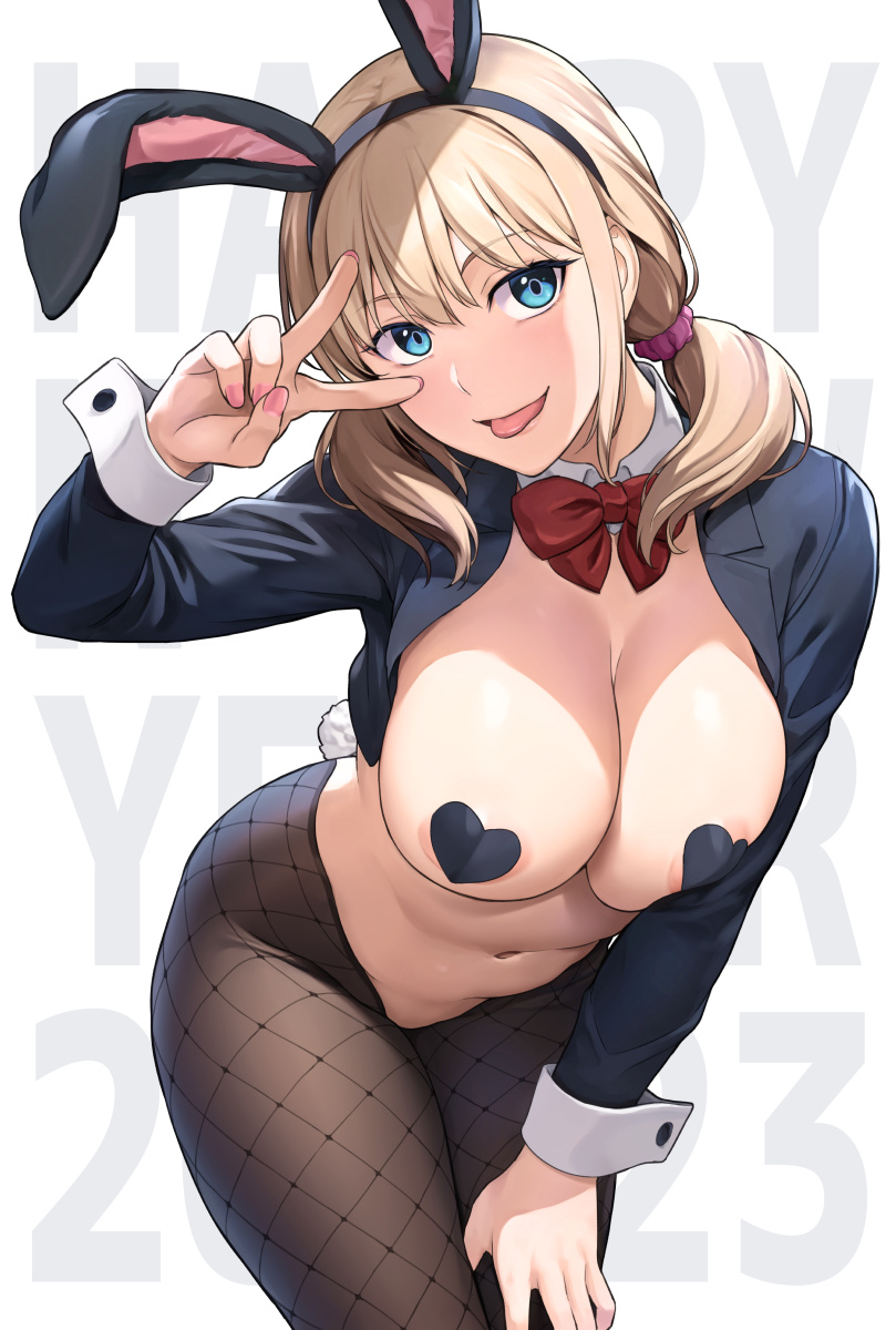 1girl 2023 :p animal_ears areola_slip bangs black_hairband black_jacket black_pantyhose blonde_hair blue_eyes bow bowtie breasts cleavage collar cowboy_shot cropped_jacket detached_collar english_text fake_animal_ears fake_tail fishnet_pantyhose fishnets hair_ornament hair_over_shoulder hair_scrunchie hairband hand_on_own_thigh hand_up happy_new_year heart_pasties highres ishigaki_takashi jacket large_breasts leaning_forward long_sleeves looking_at_viewer medium_hair meme_attire nail_polish navel open_clothes open_jacket original pantyhose pasties pink_nails pink_scrunchie playboy_bunny rabbit_tail red_bow red_bowtie reverse_bunnysuit reverse_outfit scrunchie short_twintails sidelocks simple_background solo stomach tail thighs tongue tongue_out twintails v white_background white_collar white_wrist_cuffs wing_collar wrist_cuffs