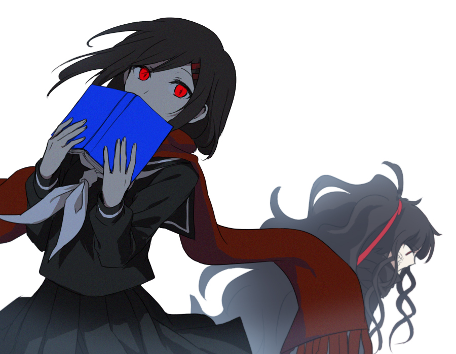 2girls aaniko azami_(kagerou_project) bangs black_hair black_jacket black_sailor_collar black_serafuku black_skirt book covered_mouth enpera hair_between_eyes hair_ornament hair_ribbon hairclip holding holding_book jacket kagerou_project limited_palette long_hair long_scarf long_sleeves looking_ahead looking_at_viewer mekakucity_actors multiple_girls neckerchief open_book pleated_skirt red_eyes red_ribbon red_scarf ribbon sailor_collar scarf school_uniform serafuku simple_background skirt sleeve_cuffs slit_pupils solo_focus tateyama_ayano wavy_hair white_background white_neckerchief