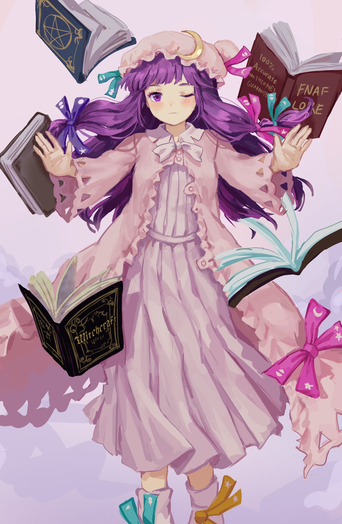 1girl arms_up bangs blue_bow blunt_bangs book bow crescent crescent_hat_ornament dress floating floating_book floating_object hat hat_ornament highres himuhino long_hair looking_at_viewer mob_cap odd_one_out one_eye_closed open_book outstretched_arms patchouli_knowledge purple_eyes purple_hair ribbon solo striped striped_dress touhou very_long_hair