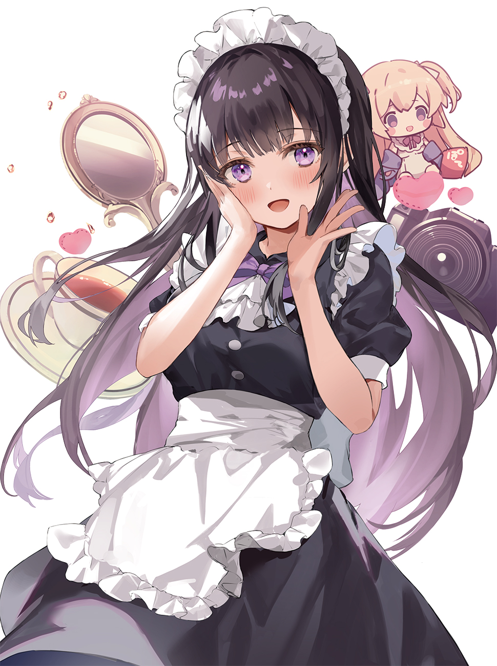 2girls :d apron bangs black_dress black_hair blush bow bowtie camera chibi chibi_inset cowboy_shot cup dress hand_mirror hand_on_own_cheek hand_on_own_face hands_up highres hime_cut kanda_done long_hair looking_at_viewer maid maid_apron maid_headdress mirror multiple_girls open_mouth original puffy_short_sleeves puffy_sleeves purple_bow purple_bowtie purple_eyes saucer short_sleeves sidelocks smile teacup very_long_hair white_background
