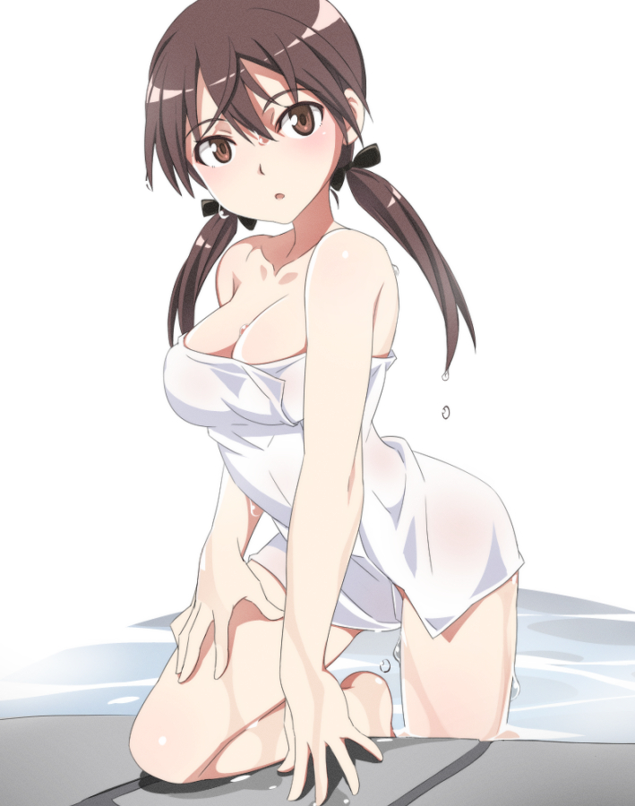 1girl blush breasts brown_eyes brown_hair cleavage collarbone gertrud_barkhorn hair_ribbon large_breasts long_hair looking_at_viewer naked_towel nanashino onsen open_mouth ribbon shiny shiny_hair shiny_skin solo strike_witches towel twintails world_witches_series