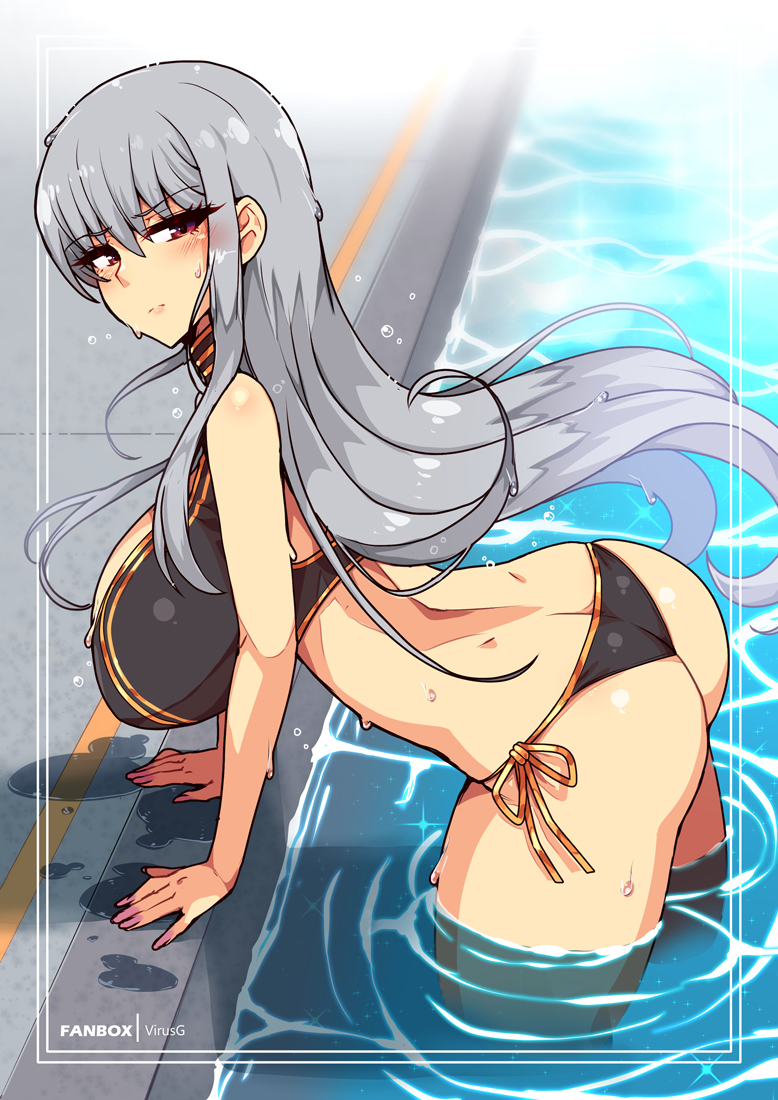 1girl bikini breasts day grey_hair huge_breasts long_hair midriff navel partially_submerged pool poolside red_eyes selvaria_bles senjou_no_valkyria_(series) senjou_no_valkyria_1 side-tie_bikini_bottom solo string_bikini swimsuit virus-g