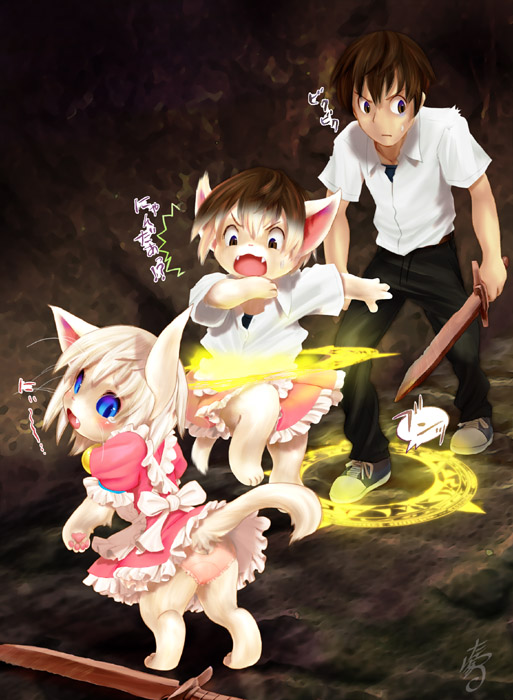 1girl animal_ears cat_ears cat_tail dress male_focus shirt shoes slit_pupils sneakers sword tail transformation weapon