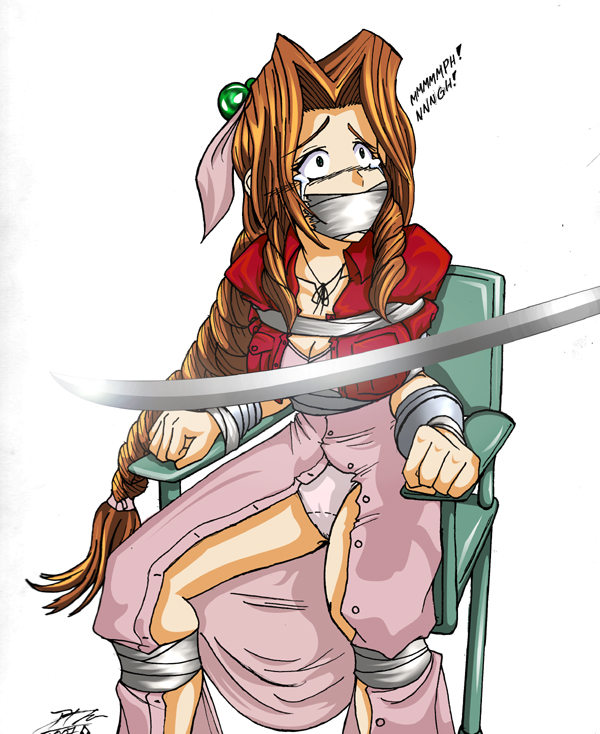 1girl aerith_gainsborough bangs bdsm bolero bondage bound brown_hair cropped_jacket dress final_fantasy final_fantasy_vii gag jacket otm panties ponytail rape ribbon sword tape tears underwear weapon