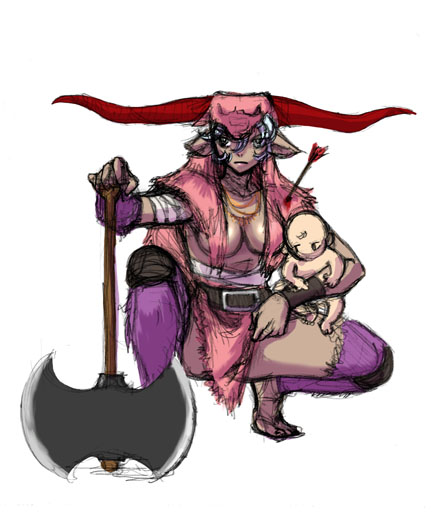 animal_ears arrow axe baby blood breasts buffalo horns injury large_breasts masked_v_(artist) squatting weapon