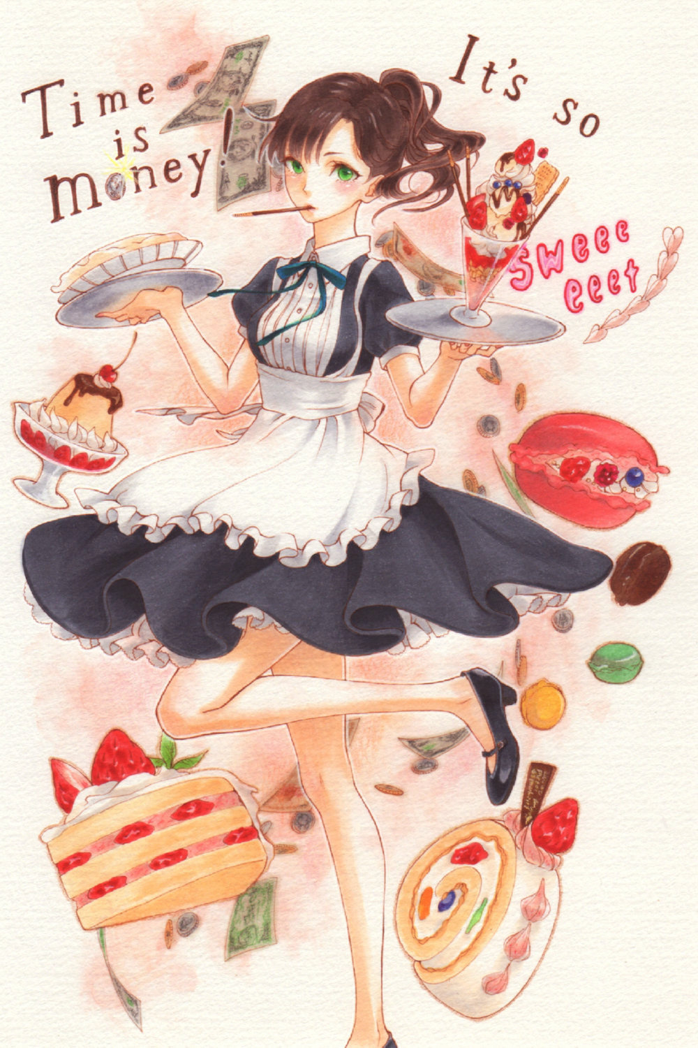 1girl apron balancing black_footwear blue_neckwear blue_ribbon blueberry breasts brown_hair cake coin colored_pencil_(medium) commentary_request dish english_text fingernails food frilled_apron frills fruit green_eyes highres holding holding_plate ice_cream looking_at_viewer macaron maid maid_apron marker_(medium) money nail_polish neck_ribbon original pink_macaron pink_nails plate pocky puddle puffy_short_sleeves puffy_sleeves raspberry ribbon san'nomiya short_hair short_sleeves slice_of_cake small_breasts solo sparkle standing standing_on_one_leg strawberry strawberry_shortcake sundae sweets swiss_roll traditional_media underbust waist_apron white_apron