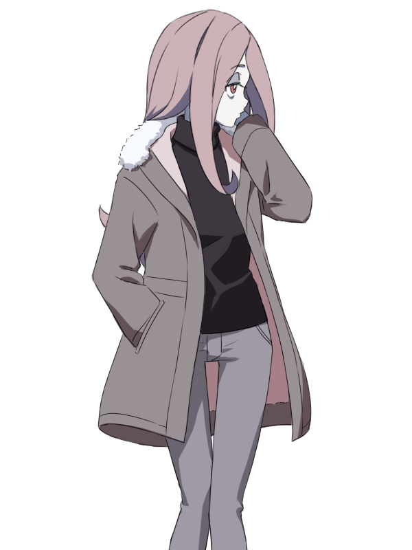1girl black_shirt brown_jacket closed_mouth denim eyeshadow feet_out_of_frame flipped_hair fur-trimmed_collar grey_pants hand_in_own_hair hand_in_pocket hand_up jacket jeans knees_together_feet_apart little_witch_academia long_hair long_sleeves looking_to_the_side makeup open_clothes open_jacket pants pink_eyes pink_hair profile satochi shirt simple_background solo straight_hair sucy_manbavaran thigh_gap turtleneck white_background
