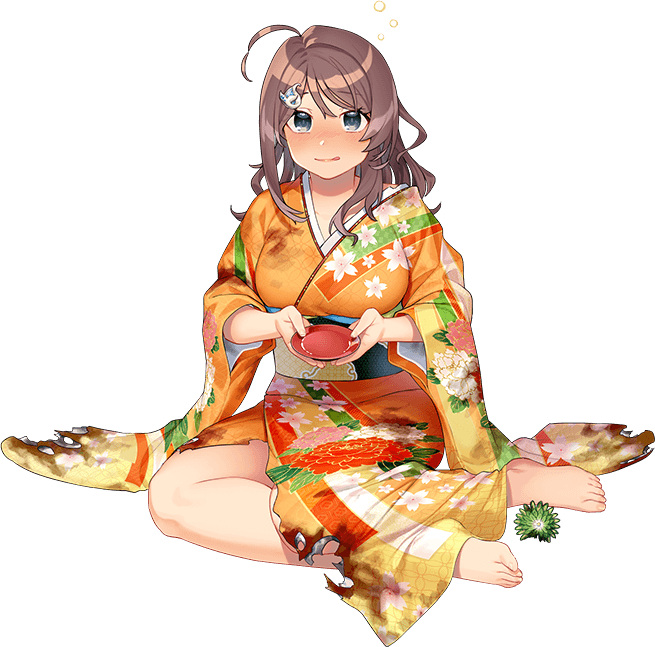 1girl ahoge akasaka_yuzu barefoot blush brown_hair chougei_(kancolle) cup drunk feet floral_print full_body grey_eyes hair_ornament holding holding_cup japanese_clothes kantai_collection kimono long_sleeves medium_hair official_art open_mouth orange_kimono print_kimono sakazuki solo toes torn_clothes torn_kimono transparent_background wide_sleeves