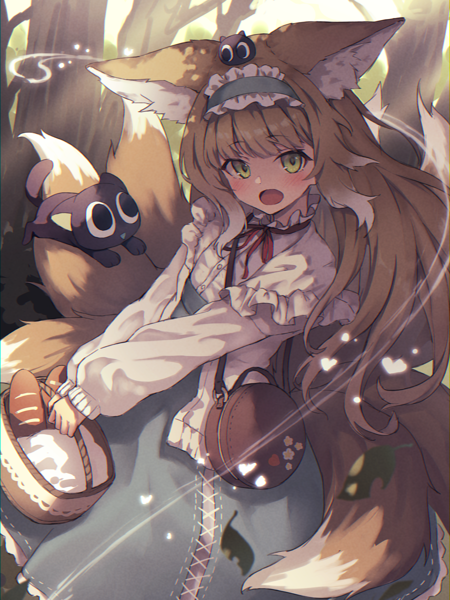 1girl animal_ears arknights bag baguette basket black_cat blonde_hair blue_hairband blue_skirt bread cat crossover day food fox_ears fox_girl fox_tail frilled_hairband frills green_eyes hairband heixiu highres holding holding_basket jacket kitsune long_hair looking_at_viewer luoxiaohei multicolored_hair neck_ribbon on_head open_clothes open_jacket open_mouth outdoors red_ribbon ribbon ryuinu shirt shoulder_bag skirt suzuran_(arknights) suzuran_(spring_praise)_(arknights) tail the_legend_of_luo_xiaohei tree two-tone_hair very_long_hair white_hair white_jacket white_shirt