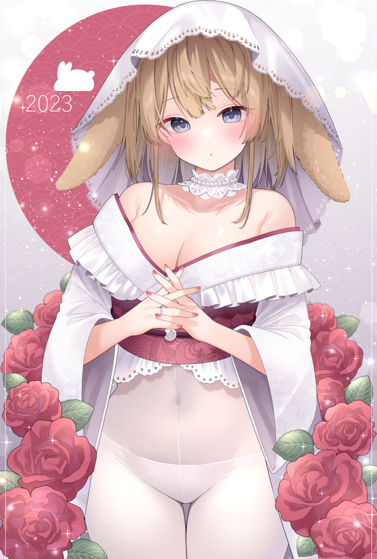 1girl 2023 :o animal_ears bangs blue_eyes breasts brown_hair chinese_zodiac chitetan cleavage commentary_request covered_navel flower interlocked_fingers japanese_clothes jewelry kimono looking_at_viewer medium_breasts nail_polish nengajou new_year off_shoulder original own_hands_together panties panties_under_pantyhose pantyhose parted_lips rabbit_ears red_flower red_nails red_rose ring rose solo underwear veil white_kimono white_panties white_pantyhose year_of_the_rabbit