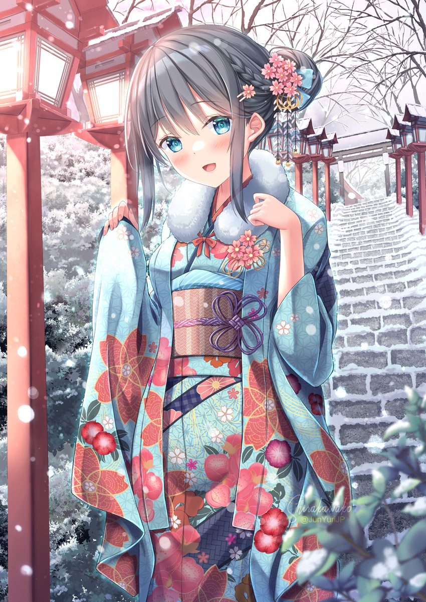 1girl :d bare_tree black_hair blue_eyes blue_kimono blurry blurry_foreground braid commentary_request depth_of_field floral_print flower fur_collar hair_bun hair_flower hair_ornament hairclip hands_up highres japanese_clothes kimono lantern long_sleeves looking_at_viewer obi original outdoors pinching_sleeves pink_flower print_kimono sash shirakawako sidelocks signature sleeves_past_wrists smile snow snowing solo stairs stone_stairs tree twitter_username wide_sleeves