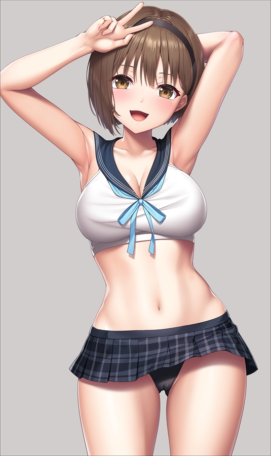 1girl :d adapted_costume arm_behind_head armpits arms_up bangs bare_arms bare_shoulders black_hairband black_panties black_skirt blue_reflection blue_reflection_tie blue_ribbon blue_sailor_collar blush breasts brown_eyes brown_hair cameltoe cleavage clothes_lift collarbone commentary_request cowboy_shot crop_top grey_background groin hair_between_eyes hairband hand_on_own_head hoshinomiya_girls'_high_school_uniform hoshizaki_ao lambda_(kusowarota) large_breasts looking_at_viewer microskirt midriff navel neck_ribbon open_mouth panties plaid plaid_skirt pleated_skirt ribbon sailor_collar school_uniform serafuku shirt short_hair simple_background skirt skirt_lift sleeveless sleeveless_shirt smile solo standing stomach underwear w white_shirt