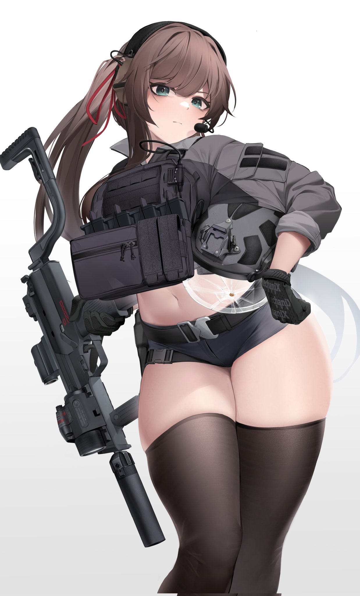 1girl alternate_costume black_gloves black_thighhighs blue_eyes brown_hair bullet combat_shirt cowboy_shot cracked_helmet ear_protection female_commander_(girls'_frontline) flashlight girls'_frontline gloves gun h&amp;k_mp7 hair_ribbon headset helmet highres holding holding_helmet holding_weapon holster ka941 looking_at_viewer magazine_(weapon) micro_shorts midriff military_helmet navel plate_carrier ponytail red_ribbon ribbon short_shorts shorts simple_background solo submachine_gun suppressor tactical_clothes thighhighs weapon white_background