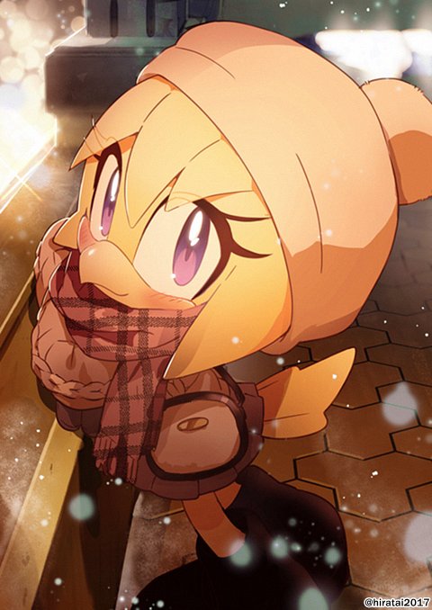 1girl bag bangs beak beanie bird_tail blonde_hair cityscape eyes_visible_through_hair from_side furry furry_female handbag hat hirata_(pixiv560828) looking_at_viewer looking_to_the_side miniskirt mobian night orange_hair orange_headwear original outdoors plaid plaid_scarf pleated_skirt purple_eyes scarf skirt smile snow snowing solo sonic_(series) standing tail twitter_username winter winter_clothes