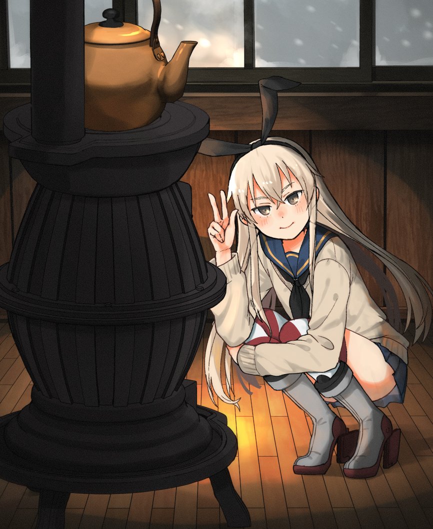 1girl annin_musou black_neckerchief blonde_hair blue_sailor_collar blue_skirt blush brown_eyes cardigan closed_mouth commentary_request hair_between_eyes kantai_collection kettle long_hair long_sleeves miniskirt neckerchief pleated_skirt rudder_footwear sailor_collar school_uniform serafuku shimakaze_(kancolle) skirt smile solo striped striped_thighhighs thighhighs v window yellow_cardigan