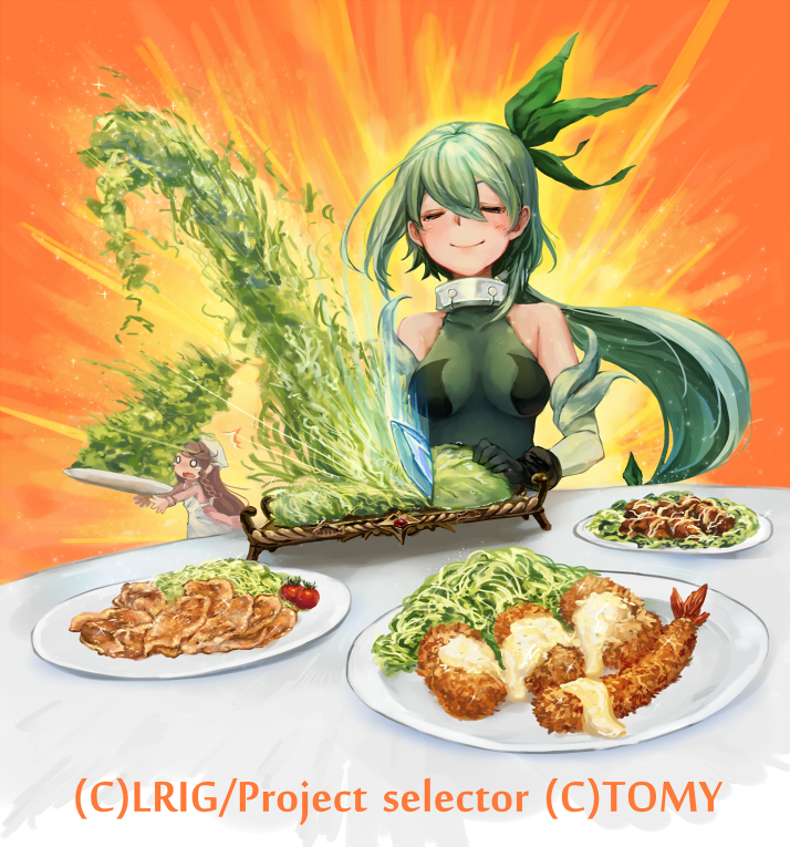 2girls ^^^ apron bangs bare_shoulders black_gloves breasts character_request closed_eyes closed_mouth collar copyright copyright_name cutting dqn_(dqnww) facing_viewer food food_request gloves green_hair green_shirt hair_between_eyes hair_ornament lettuce long_hair medium_breasts mel_(wixoss) multiple_girls o_o official_art open_mouth orange_background plate ponytail see-through see-through_shirt selector_wixoss shirt shrimp shrimp_tempura sleeveless sleeveless_shirt smile solo_focus table tempura tomato upper_body white_apron white_headwear wixoss