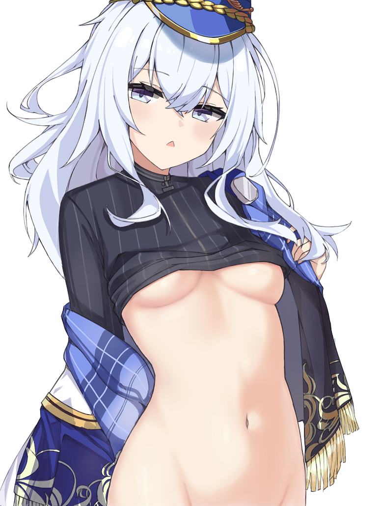 1girl black_shirt blue_eyes blue_headwear breasts clothes_lift girls'_frontline girls'_frontline_neural_cloud grey_hair lancer_(worudrleh1) long_hair looking_at_viewer medium_breasts navel no_bra open_clothes open_mouth out-of-frame_censoring shirt shirt_lift solo stomach striped striped_shirt triangle_mouth underboob undine_(girls'_frontline_nc) upper_body vertical-striped_shirt vertical_stripes