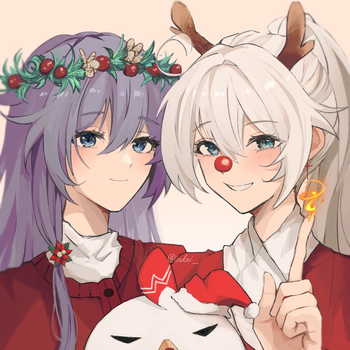 2girls antlers bangs blue_eyes brown_background cardigan closed_mouth collared_shirt commentary english_commentary fake_antlers fire fu_hua grey_hair hand_up head_wreath highres honkai_(series) honkai_impact_3rd index_finger_raised izukei kiana_kaslana long_hair looking_at_viewer multiple_girls ponytail purple_hair pyrokinesis red_cardigan reindeer_antlers shirt simple_background smile twitter_username upper_body white_shirt