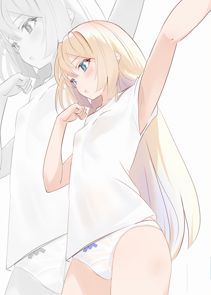 1girl armpits bad_anatomy bad_arm bangs blonde_hair blue_eyes bow bow_panties breasts commentary_request cowboy_shot from_below jervis_(kancolle) kantai_collection long_hair no_pants open_mouth panties sakurai_nana_(moshichi) shirt small_breasts solo standing underwear white_background white_panties white_shirt zoom_layer