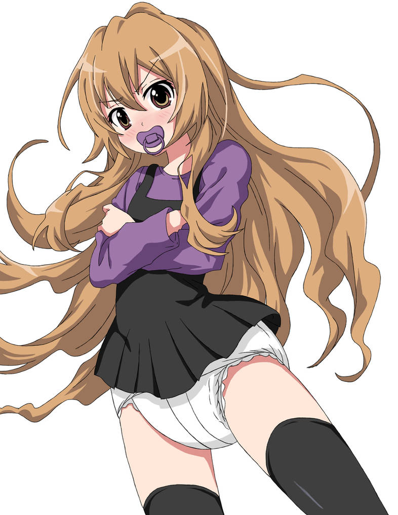 1girl aisaka_taiga bangs black_dress black_thighhighs brown_eyes brown_hair cowboy_shot crossed_arms diaper dress floating_hair hair_between_eyes long_hair long_sleeves looking_at_viewer matokechi pacifier pinafore_dress pleated_dress purple_shirt shirt simple_background solo standing thighhighs third-party_edit toradora! v-shaped_eyebrows very_long_hair white_background