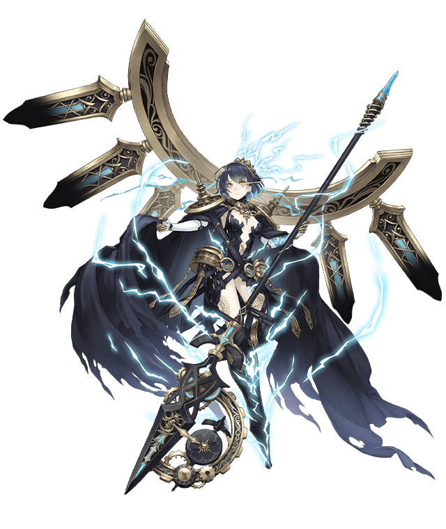 1girl alice_(sinoalice) alternate_eye_color blue_hair breasts cape dark_blue_hair eye_trail full_body gloves holding holding_polearm holding_weapon ji_no light_trail lightning looking_at_viewer official_art orange_eyes polearm short_hair sinoalice small_breasts solo spear tattoo torn_cape torn_clothes transparent_background weapon white_gloves