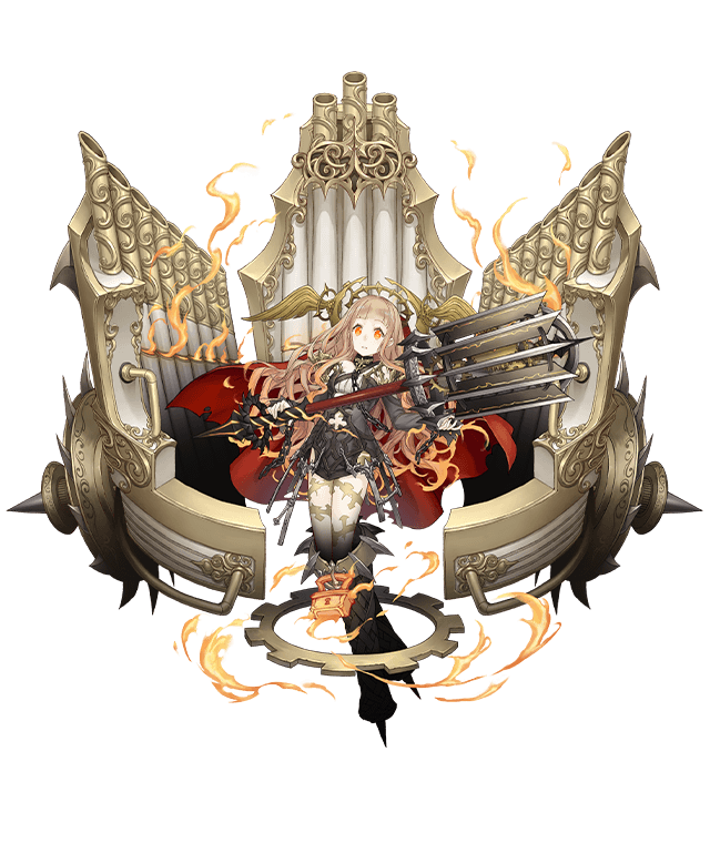 1girl blonde_hair chain full_body gears holding holding_weapon instrument ji_no lock long_hair looking_at_viewer mace official_art orange_eyes organ_(instrument) padlock pale_skin red_riding_hood_(sinoalice) sinoalice solo tattoo transparent_background veil weapon