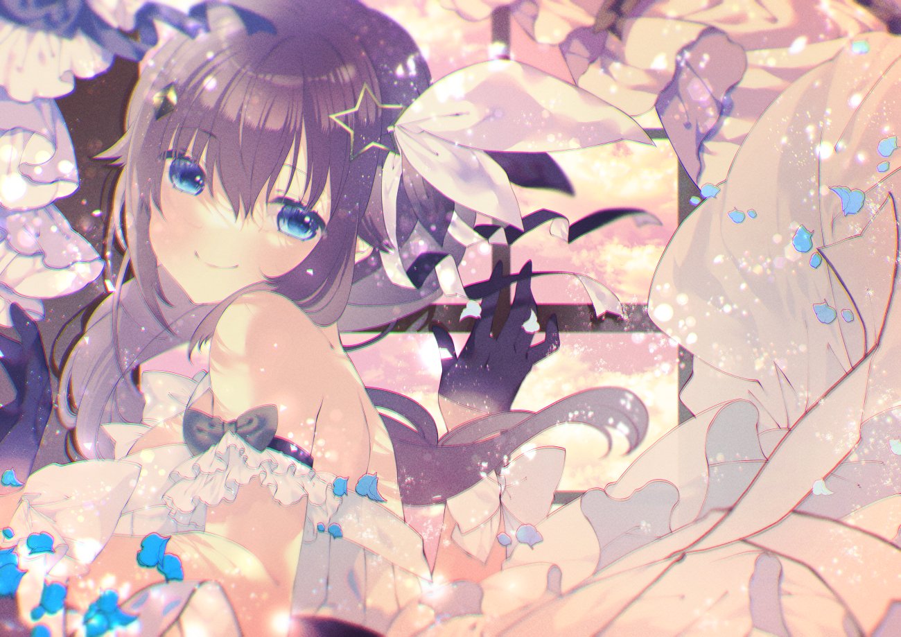 1girl armband bare_back bare_shoulders black_gloves blue_eyes breasts brown_hair dress gloves hair_between_eyes hair_ornament hair_ribbon hololive long_hair looking_at_viewer moo_(umineko) petals ribbon smile star_(symbol) star_hair_ornament tokino_sora virtual_youtuber white_dress white_ribbon wrist_cuffs