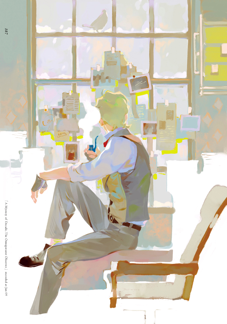 1boy ace_attorney arm_on_knee bird blonde_hair chair facing_away fingerless_gloves full_body gloves herlock_sholmes highres holding holding_smoking_pipe indoors knee_up male_focus pants rei_(sanbonzakura) shirt shoes short_hair sitting sleeves_rolled_up smoke smoking_pipe solo sticky_note the_great_ace_attorney vest white_shirt window