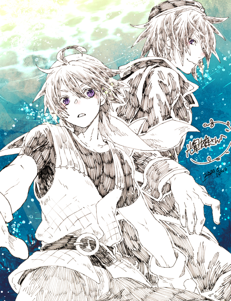 2boys ahoge bangs belt bubble chrono_cross closed_mouth coat commentary_request cowboy_shot dark_serge_(chrono_cross) dated greyscale_with_colored_background hair_between_eyes long_sleeves male_focus multiple_boys pants parted_lips purple_eyes serge_(chrono_cross) shirt short_hair short_sleeves signature smile tokio_(okt0w0) vest water