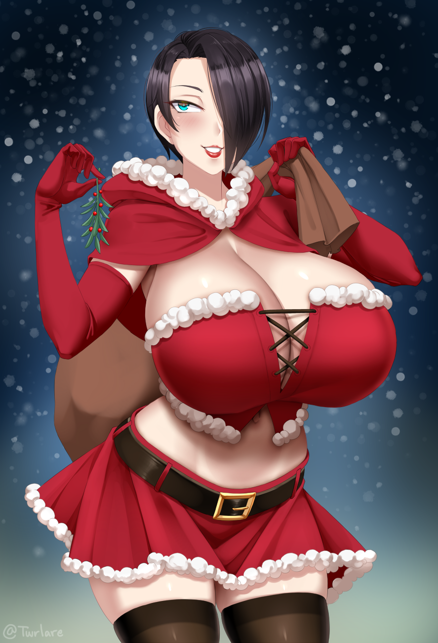 1girl aqua_eyes belt black_hair black_thighhighs blush breasts capelet christmas cleavage commentary cowboy_shot crop_top elbow_gloves fur-trimmed_capelet fur-trimmed_skirt fur_trim gloves hair_over_one_eye happy_holidays highres holding_mistletoe huge_breasts knapsack lipstick makeup midriff mistletoe navel original parted_lips red_capelet red_gloves red_lips red_skirt sack santa_costume saya_(twrlare) short_hair skirt smile snowing solo thighhighs twitter_username twrlare