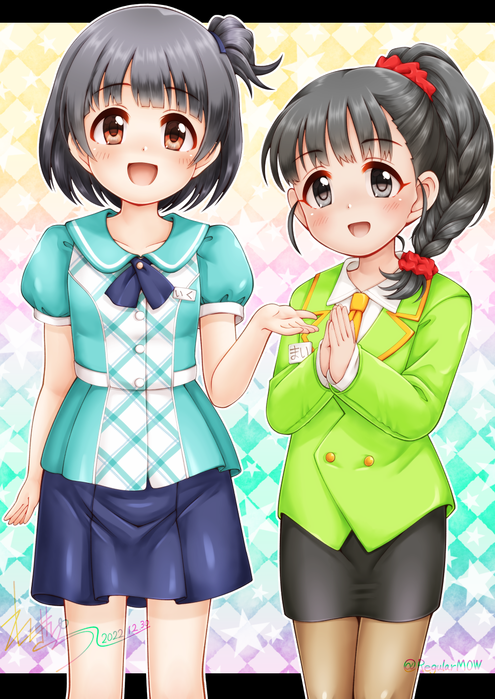 2girls :d aoba_misaki aoba_misaki_(cosplay) argyle argyle_background bangs black_hair black_skirt blue_shirt blue_skirt braid brown_eyes brown_pantyhose collared_shirt commentary_request cosplay dated fukuyama_mai green_jacket grey_eyes hand_up highres idolmaster idolmaster_cinderella_girls idolmaster_million_live! jacket letterboxed long_sleeves multiple_girls nakatani_iku necktie one_side_up own_hands_together palms_together pantyhose pencil_skirt pleated_skirt puffy_short_sleeves puffy_sleeves regular_mow senkawa_chihiro senkawa_chihiro_(cosplay) shirt short_sleeves signature single_braid skirt sleeves_past_wrists smile starry_background white_shirt yellow_necktie