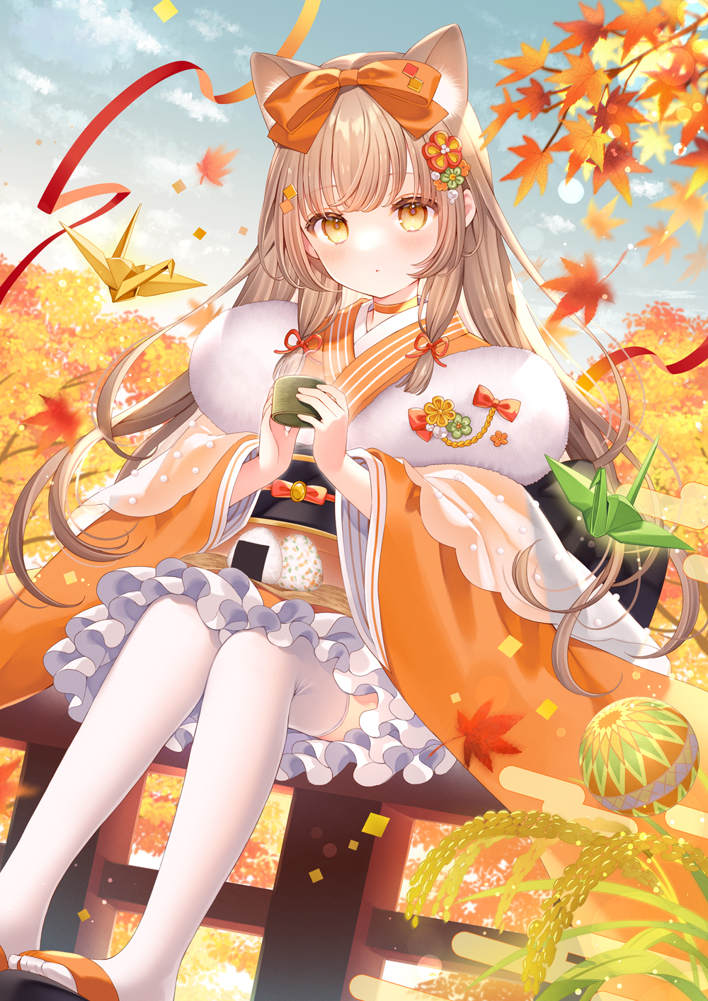 1girl :o animal_ear_fluff animal_ears autumn_leaves ball black_footwear blue_sky blush bow branch brown_hair choker cloud commentary_request cup day egasumi feet_out_of_frame food frilled_kimono frills hair_bow highres holding holding_cup japanese_clothes kimono leaf long_hair long_sleeves looking_at_viewer maple_leaf obi onigiri orange_bow orange_choker orange_eyes orange_kimono origami original outdoors parted_lips sash sitting sky solo temari_ball thighhighs very_long_hair wasabi_(sekai) wheat white_thighhighs wide_sleeves zouri