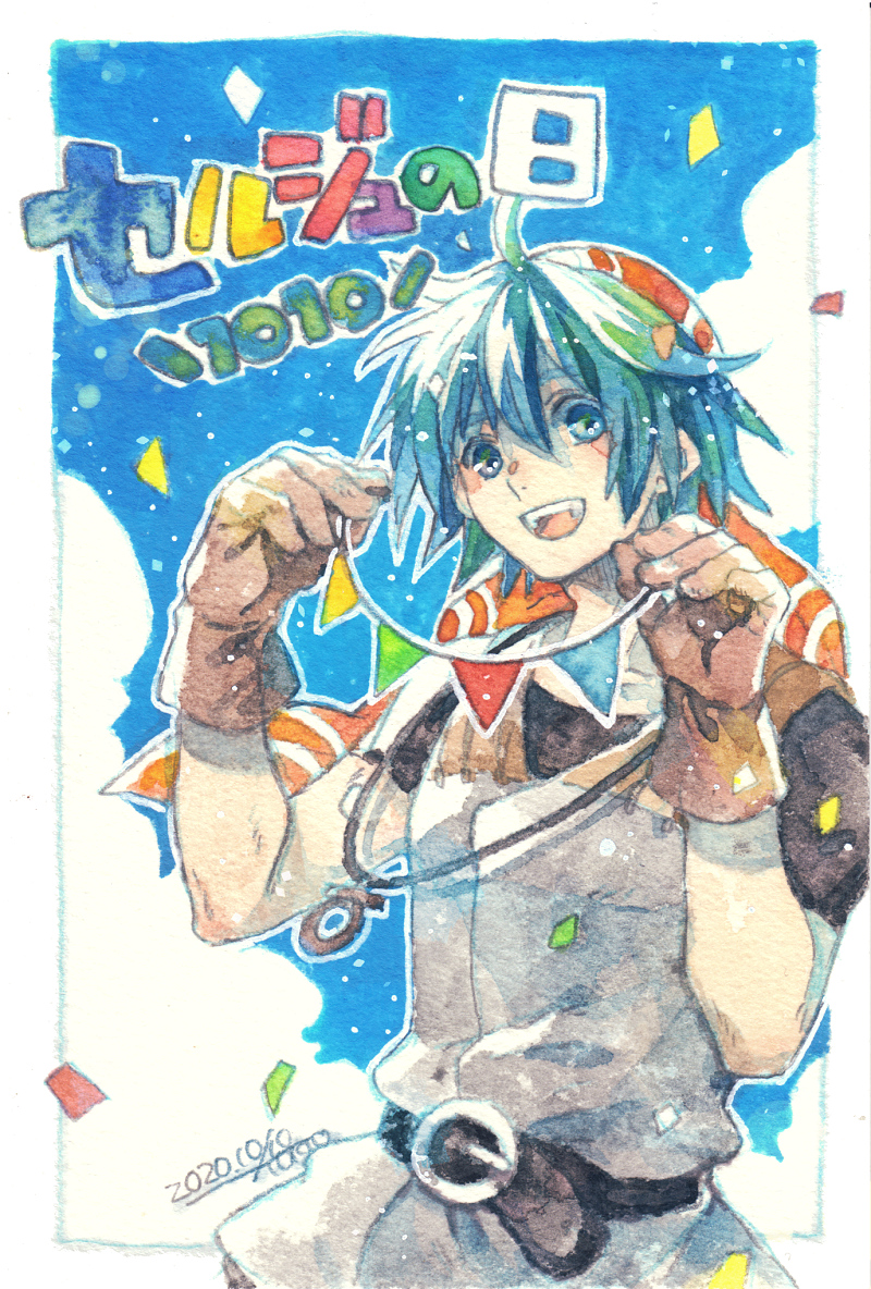 1boy :d ahoge bandana bangs belt black_belt blue_eyes blue_hair brown_gloves chrono_cross commentary_request confetti cowboy_shot dated gloves hair_between_eyes looking_at_viewer male_focus open_mouth red_bandana serge_(chrono_cross) shirt short_hair signature smile solo streamers teeth tokio_(okt0w0) upper_teeth_only white_shirt