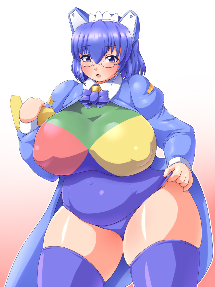 1girl 2k-tan :o adjusting_clothes adjusting_leotard bangs belly big_belly blue_bow blue_bowtie blue_coat blue_eyes blue_hair blue_leotard blue_thighhighs bow bowtie breasts coat covered_nipples fat folder glasses gradient gradient_background green_leotard hair_between_eyes hand_up headgear holding holding_folder huge_breasts juliet_sleeves kuma_(kumahoihoi) legs_apart leotard long_sleeves maid_headdress multicolored_leotard open_clothes open_coat open_mouth os-tan outline puffy_sleeves red_leotard shiny shiny_hair short_hair skindentation solo standing thick_thighs thighhighs thighs white_outline wide_hips yellow_leotard