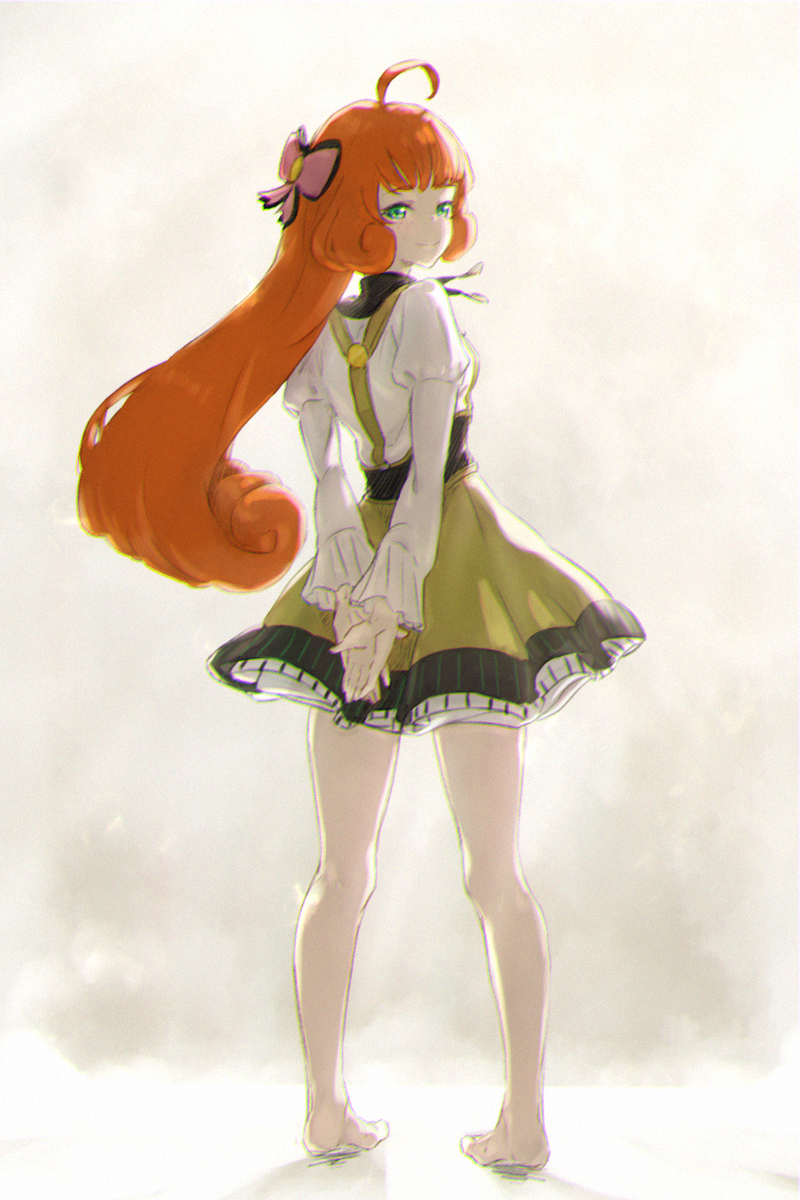 1girl ahoge arms_behind_back bangs bare_legs barefoot blunt_bangs bow closed_mouth feet floating_hair freckles from_behind full_body gggllmk green_eyes green_skirt hair_bow hair_ribbon highres layered_skirt legs long_hair long_sleeves looking_at_viewer looking_back miniskirt orange_hair penny_polendina pink_bow pink_ribbon ponytail ribbon rwby shiny shiny_hair shirt sketch skirt smile solo standing suspender_skirt suspenders toes very_long_hair white_background white_shirt