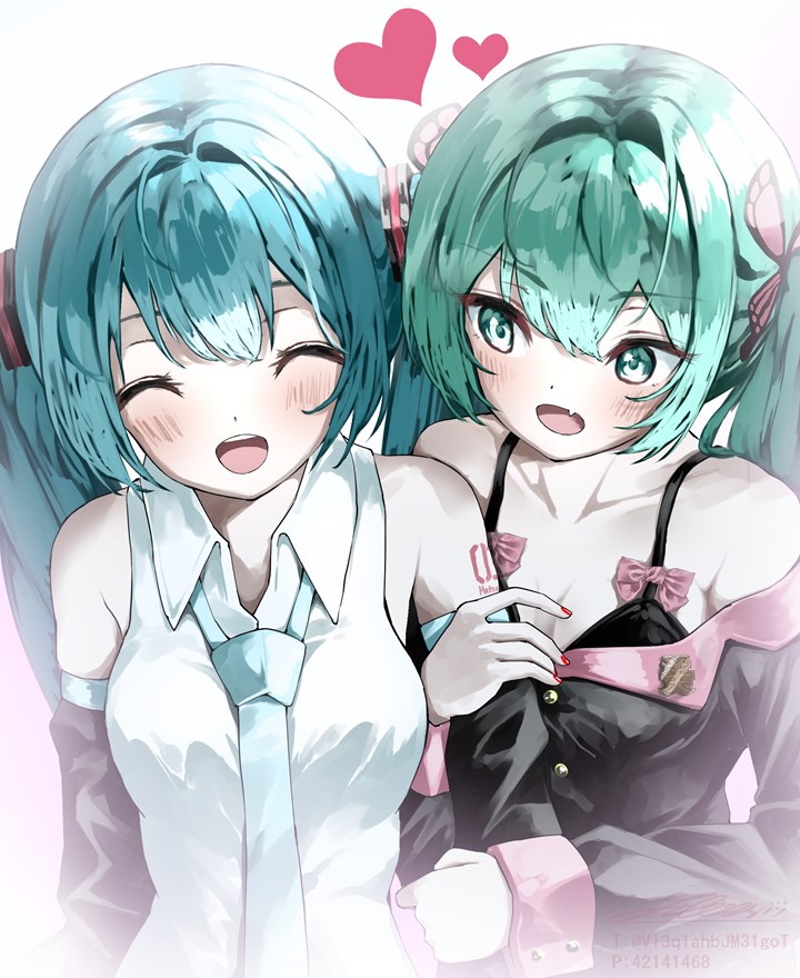 2girls aqua_eyes aqua_hair aqua_necktie arm_hug black_bra black_jacket black_sleeves bra breasts bug butterfly cleavage closed_eyes collar commentary detached_sleeves dual_persona fang grey_shirt hair_ornament hatsune_miku heart honey_whip_(module) jacket long_hair multiple_girls nail_polish necktie open_mouth pink_collar pixiv_id project_diva_(series) red_nails selfcest shirt shirubaa skin_fang sleeveless sleeveless_shirt smile twintails twitter_username underwear very_long_hair vocaloid yuri