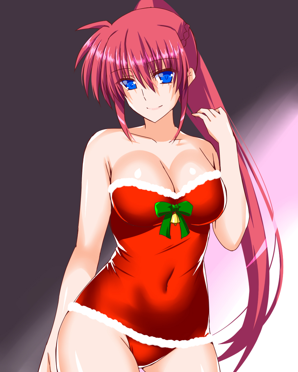 1girl bangs bare_shoulders blue_eyes bow braid breasts christmas cleavage closed_mouth commentary covered_navel cowboy_shot crown_braid engo_(aquawatery) fur-trimmed_swimsuit green_bow highres large_breasts long_hair looking_at_viewer lyrical_nanoha mahou_shoujo_lyrical_nanoha mahou_shoujo_lyrical_nanoha_a's one-piece_swimsuit ponytail red_hair red_one-piece_swimsuit signum smile solo standing strapless strapless_swimsuit swimsuit