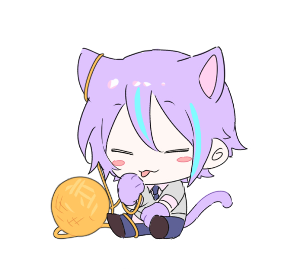 1boy animal_ears aqua_hair bangs cardigan cat_boy cat_ears cat_tail chibi closed_eyes collared_shirt grey_cardigan hk_(wgyz7222) kamishiro_rui kamiyama_high_school_uniform_(project_sekai) multicolored_hair necktie project_sekai purple_hair school_uniform shirt short_hair solo streaked_hair tail tongue tongue_out yarn yarn_ball